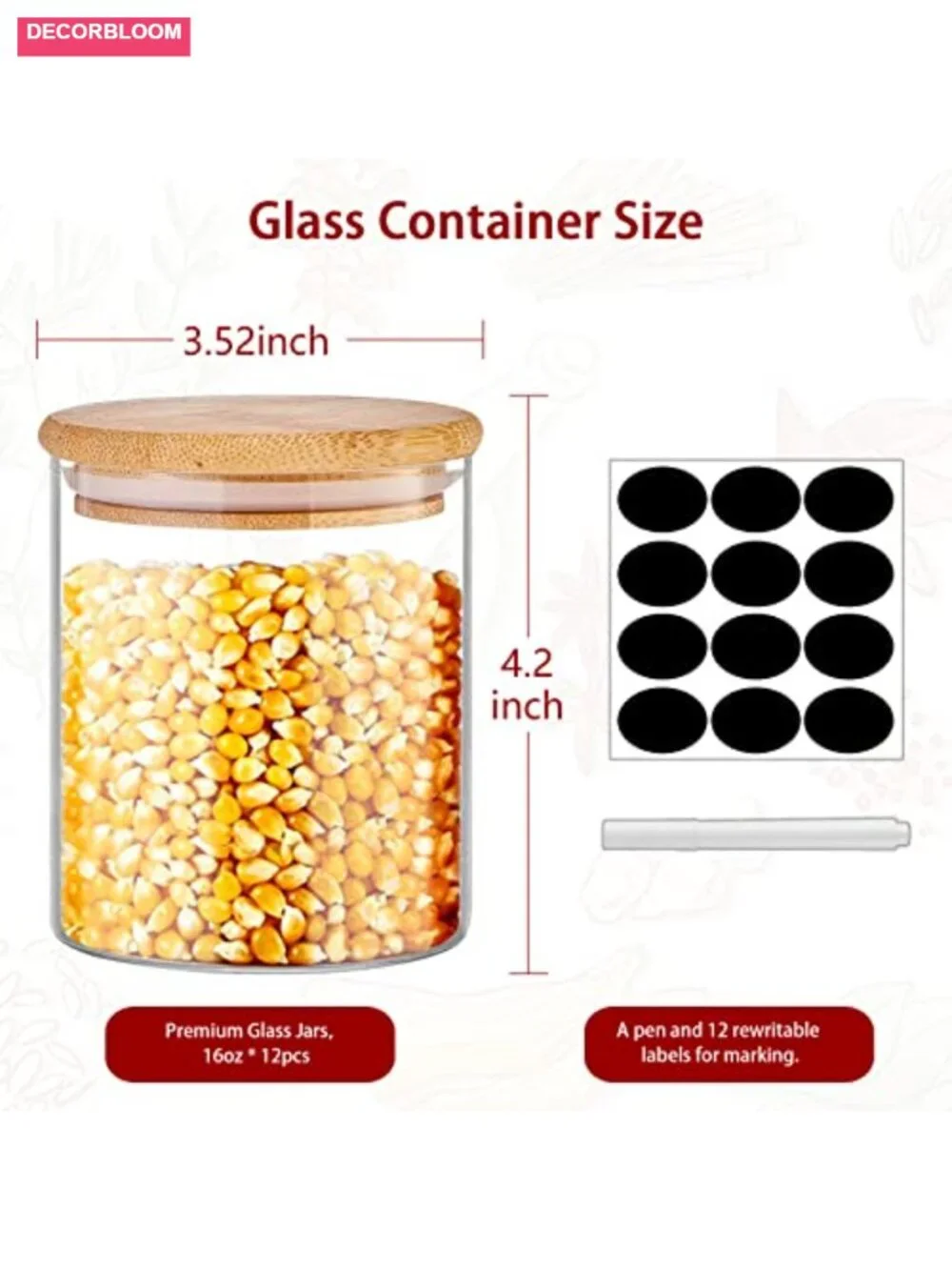 Set of 12 Glass Jars with Bamboo Lids, 16 oz, Airtight Food Storage Containers